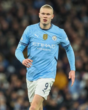 Manchester City 'den Erling Haaland UEFA Şampiyonlar Ligi Maçı sırasında 8 Manchester City Club Brugge' e karşı Etihad Stadyumu, Manchester, Birleşik Krallık, 29 Ocak 2025