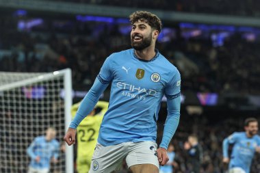 Manchester City 'den Joko Gvardiol, Manchester Stadyumu' nda 28 Ocak 2025 tarihinde oynanan 8 Manchester City vs Club Brugge karşılaşmasında Club Brugge 'den Joel Ordez' in attığı golü kutluyor.
