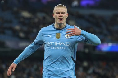 Manchester City 'den Erling Haaland UEFA Şampiyonlar Ligi Maçı sırasında 8 Manchester City Club Brugge' e karşı Etihad Stadyumu, Manchester, Birleşik Krallık, 29 Ocak 2025