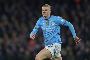 Manchester City 'den Erling Haaland UEFA Şampiyonlar Ligi Maçı sırasında 8 Manchester City Club Brugge' e karşı Etihad Stadyumu, Manchester, Birleşik Krallık, 29 Ocak 2025
