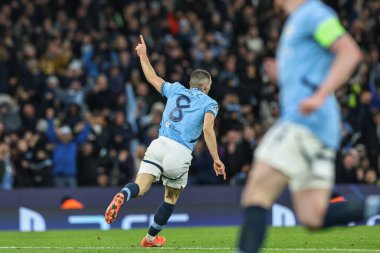 Manchester City 'den Mateo Kovai, 29 Ocak 2025 tarihinde Etihad Stadyumu, Manchester, İngiltere' de oynanan 8 Manchester City vs Club Brugge maçında UEFA Şampiyonlar Ligi maçında 1-1 kazanma hedefini kutluyor.