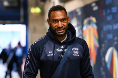 Warrington Wolves 'tan Rodrick Tai, 1 Şubat 2025' te İngiltere 'nin Warrington şehrindeki Halliwell Jones Stadyumu' nda Toby King 'in Warrington Wolves - Leigh Leopards maçından önce geldi.