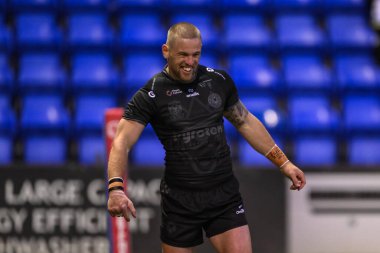Warrington Wolves 'tan Matt Dufty Toby King' in 1 Şubat 2025 'te Halliwell Jones Stadyumu' nda oynadığı Warrington Wolves - Leigh Leopards maçı öncesinde ısınma turunda.