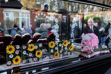 The car carrying Linda Nolans coffin arrives during the The Funeral of Linda Nolan at St. Pauls Church, Blackpool, United Kingdom, 1st February 2025 clipart