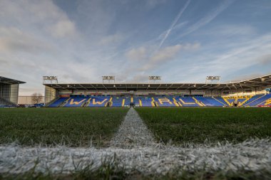Halliwell Jones Stadyumu 'nun genel manzarası, Warrington Kurtları Evi Toby King' in 1 Şubat 2025 'te Halliwell Jones Stadyumu, Warrington' da oynanan Warrington Wolves - Leigh Leopards maçı öncesinde.