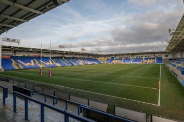 Halliwell Jones Stadyumu 'nun genel manzarası, Warrington Kurtları Evi Toby King' in 1 Şubat 2025 'te Halliwell Jones Stadyumu, Warrington' da oynanan Warrington Wolves - Leigh Leopards maçı öncesinde.