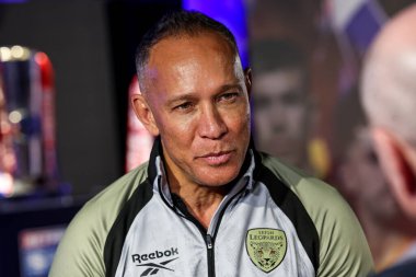 Adrian Lam Head coach of Leigh Leopards being interviewed during the 2025 Betfred Super League season launch at Co-op Live, Manchester, United Kingdom, 5th February 2025 clipart