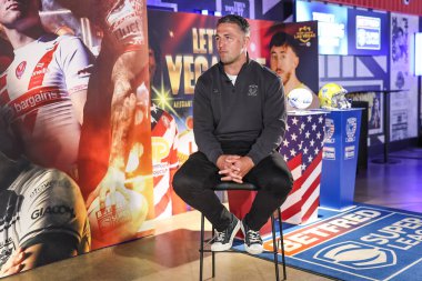 Sam Burgess Head Coach of Warrington Wolves is interviewed during the 2025 Betfred Super League season launch at Co-op Live, Manchester, United Kingdom, 5th February 2025 clipart