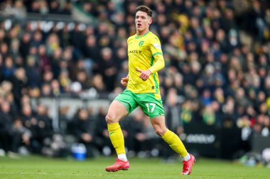 Norwich City 'den Ante Crnac, 8 Şubat 2025' te Norwich City 'nin Carrow Road, Norwich County' e karşı oynadığı Gökyüzü İddia Şampiyonası maçında iş başında.