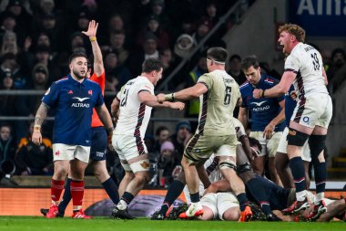 İngiltere 'den Fin Baxter 2025 Guinness 6 uluslar arası müsabakada İngiltere ile Fransa arasındaki Allianz Stadyumu, Twickenham, Birleşik Krallık, 8 Şubat 2025