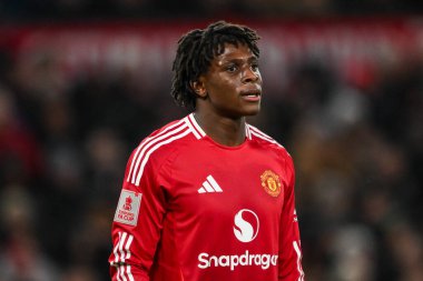 Manchester United 'tan Patrick Dorgu, Manchester United ile Leicester City arasındaki dördüncü tur karşılaşması sırasında 7 Şubat 2025 tarihinde Old Trafford, Manchester, İngiltere' de oynandı.