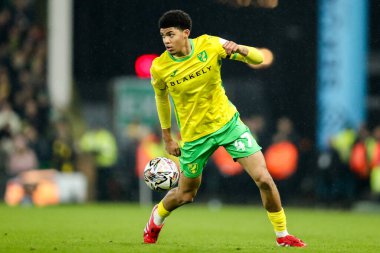 Norwich City 'den Lucien Mahovo 11 Şubat 2025' te Norwich City ve Preston North End 'in oynadığı Carrow Road, Norwich City maçında topu kontrol ediyor.