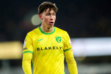 Norwich City 'den Oscar Schwartau 11 Şubat 2025' te Norwich City, Norwich North End 'e karşı oynanan Gökyüzü İddia Şampiyonası maçına bakıyor.