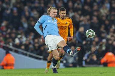 Erling Haaland of Manchester City in action during the UEFA Champions League Knockout Round Play-off Manchester City v Real Madrid at Etihad Stadium, Manchester, United Kingdom, 11th February 2025 clipart