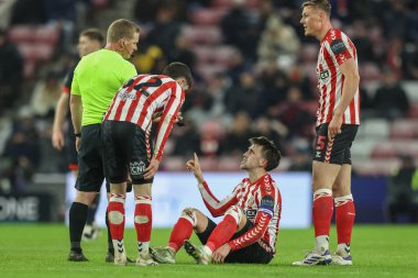 Sunderland 'dan Dan Neil, 12 Şubat 2025' te İngiltere 'nin Sunderland kentinde oynanan Sky Bet Şampiyonası maçında hakem John Busby' ye konuştu.