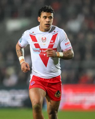 St. Helens 'li Tristan Sailor, 15 Şubat 2025' te oynanan Betfred Süper Lig karşılaşmasında St Helens, Wicked Stadyumu 'nda Salford Red Devils' e karşı.