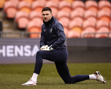 Blackpool 'dan Richard O' Donnell 15 Şubat 202 'de Bloomfield Road, Blackpool' da oynanan Blackpool-Mansfield maçında maç öncesi ısınma maçında...