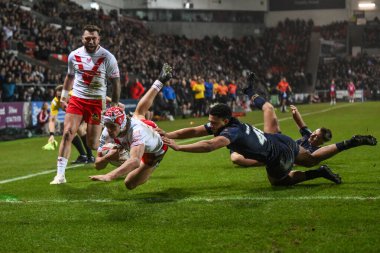 St. Helens 'ten Harry Robertson, 15 Şubat 2025' te St Helens ile Salford Red Devils arasındaki Betfred Süper Lig Birinci Raundu karşılaşmasında sahaya çıkıyor.