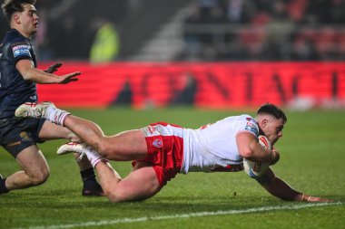 St. Helens 'ten Morgan Knowles, 15 Şubat 2025' te St Helens ile Salford Red Devils arasındaki Betfred Süper Lig karşılaşmasında sahaya çıkıyor.