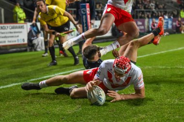 St. Helens 'ten Harry Robertson, 15 Şubat 2025' te St Helens ile Salford Red Devils arasındaki Betfred Süper Lig Birinci Raundu karşılaşmasında sahaya çıkıyor.