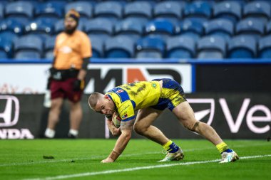 Warrington Wolves takımından Matt Dufty, 16 Şubat 2025 'te John Smith' in Stadyumu 'nda oynanan Huddersfield Giants vs Warrington Wolves maçında Betfred Süper Lig 1.