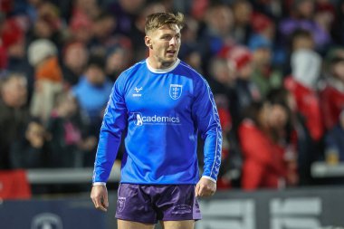 Hull KR 'dan Tom Davies, 20 Şubat 2025' te Birleşik Krallık 'ın Wakefield Stadyumu' nda oynanan Betfred Süper Lig 2. tur karşılaşmasında ısınma turunda Wakefield Trinity vs Hull KR 'a karşı.