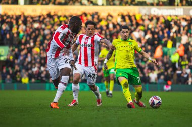 Norwich City 'den Borja Sainz, 22 Şubat 2025 tarihinde Norwich City ile Stoke City arasındaki maçta topu sahaya sürüyor.
