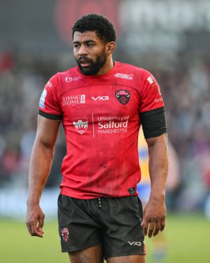Salford Red Devils 'den Kallum Watkins Betfred Süper Lig karşılaşmasında Salford Red Devils - Leeds Rhinos maçı sırasında Salford Community Stadyumu, Eccles, İngiltere, 22 Şubat 2025