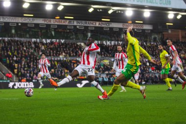 Stoke City 'den Junior Tchamadeu, Norwich City' den Ben Chrisene. 22 Şubat 2025 'te Norwich City, Norwich City' ye karşı Stoke City maçında.