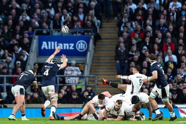 İngiltere 'den Alex Mitchell, 22 Şubat 2025' te Twickenham, İngiltere 'deki Allianz Stadyumu' nda oynanan 6 Milletle İskoçya maçında topu temizliyor.