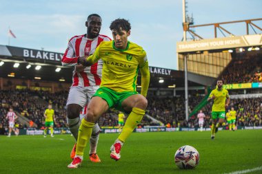 Norwich City 'den Ben Chrisene, Stoke City' den Junior Tchamadeu 22 Şubat 2025 'te Norwich City' nin Stoke City 'e karşı oynadığı maçta top için mücadele ediyor.