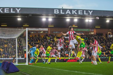 Norwich City 'den Shane Duffy ve Stoke City' den Ben Pearson, 22 Şubat 2025 'te Norwich City, Norwich City' ye karşı Stoke City 'de oynanan Sky Bet Şampiyonası maçında top düşüşüne gidiyorlar.