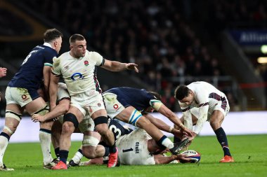 İngiltere 'den Ellis Genge, 22 Şubat 2025' te İngiltere 'nin Twickenham şehrindeki Allianz Stadyumu' nda İngiltere ile İskoçya maçında İngiltere 'den Alex Mitchell' e pas attı.