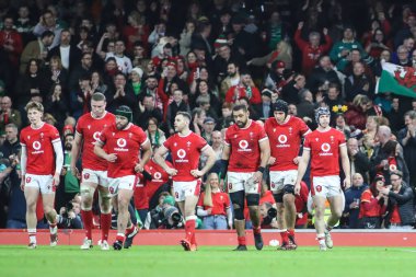 Galler 'den (r) Tom Rogers, 22 Şubat 2025 tarihinde İngiltere' nin Cardiff kentindeki Principality Stadyumu 'nda oynanan 2025 Guinness 6 Milletler Galler - İrlanda maçında takımlarının ikinci denemesini kutluyor.