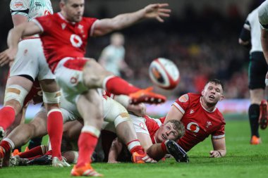 Galler 'den Jack Morgan ve Elliot Dee, 22 Şubat 2025 tarihinde İngiltere' nin Cardiff kentindeki Principality Stadyumu 'nda oynanan Galler - İrlanda maçı sırasında izlemekteler.