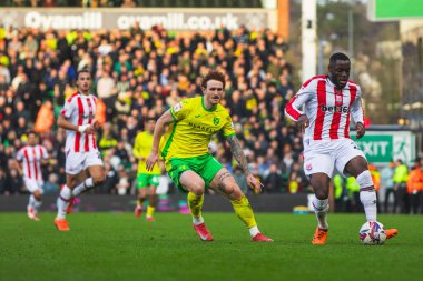 Norwich City 'den Josh Sargent, Stoke City' den Junior Tchamadeu. 22 Şubat 2025 'te Norwich City, Norwich City' ye karşı Stoke City 'nin 22 Şubat 2025' te oynadığı maçta top için mücadele ediyor.