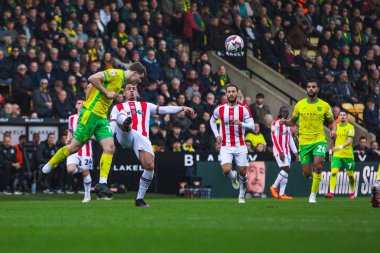 Norwich City 'den Jacob Lungi Srensen 22 Şubat 2025' te Norwich City ile Stoke City arasındaki maçta topu temizliyor.