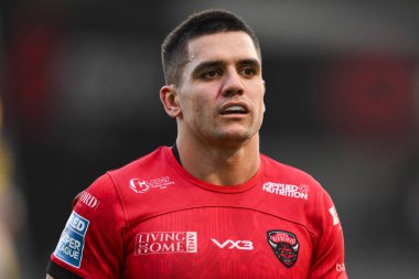 Salford Red Devils 'den Jayden Nikorima Betfred Süper Lig karşılaşmasında Salford Red Devils, Leeds Gergedan' a karşı Salford Community Stadyumu, Eccles, Birleşik Krallık, 22 Şubat 2025