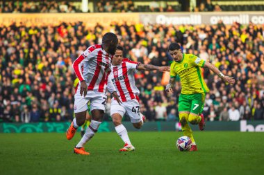 Norwich City 'den Borja Sainz, 22 Şubat 2025 tarihinde Norwich City ile Stoke City arasındaki maçta topu sahaya sürüyor.