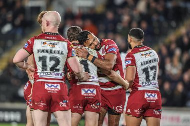 Wigan Warriors 'dan Jai Field, 21 Şubat 2025' te MKM Stadyumu 'nda oynanan Betfred Süper Lig 2. Raundunda Hull FC ve Wigan Warriors karşılaşmasını kutluyor.
