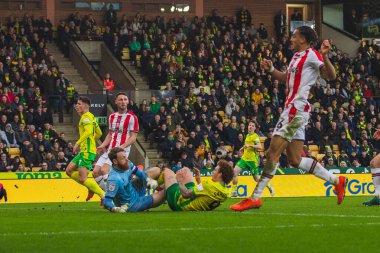 Norwich City 'den Josh Sargent, 22 Şubat 2025' te Norwich City ile Stoke City arasındaki Sky Bet Şampiyonası maçında topu gevşek topa kaydırıyor.