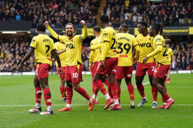 Watford, 23 Şubat 2025 'te Watford-Luton Town maçında Vicarage Road, Watford, İngiltere' de oynanan Sky Bet Şampiyonası maçında golü kutladı.