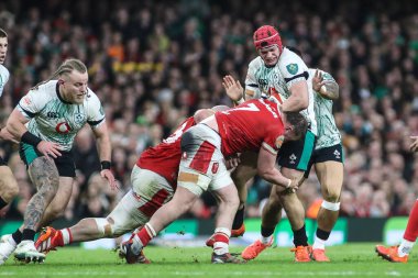 İrlandalı Josh van der Flier, 22 Şubat 2025 tarihinde İngiltere 'nin Cardiff kentindeki Principality Stadyumu' nda oynanan Galler - Galler maçı sırasında Galli Tommy Reffell tarafından yenildi.