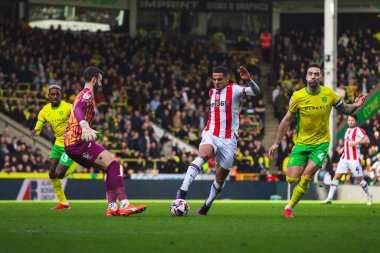 Stoke City 'den Ali Al-Hamadi 22 Şubat 2025' te Norwich City, Norwich City 'de Stoke City' ye karşı oynanan Sky Bet Şampiyonası maçında Norwich City 'den Angus Gunn' ı turluyor.