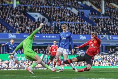 Everton 'dan Jordan Pickford, 22 Şubat 2025 tarihinde İngiltere' nin Liverpool kenti Goodison Park 'ta oynanan Premier League karşılaşmasında Manchester United' dan Rasmus Hjlund 'dan şutu blokladı.