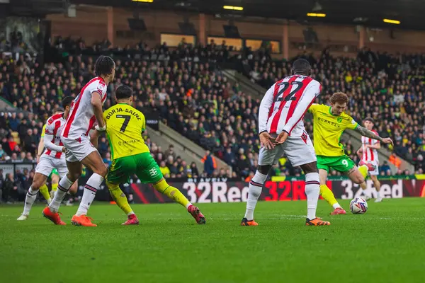 Norwich City 'den Josh Sargent ilk golünü atıyor ve Norwich City - Stoke City maçında Norwich City - Norwich City, Norwich, İngiltere, 22 Şubat 2025