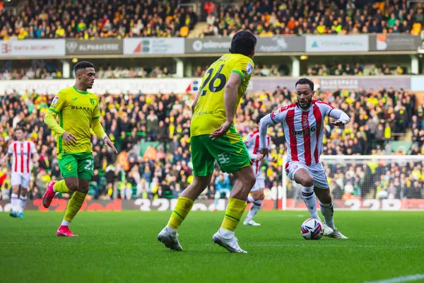 Stoke City 'den Lewis Baker, 22 Şubat 2025 tarihinde Norwich City ile Stoke City arasında oynanan maçta Norwich City' ye karşı Norwich Road, Norwich, İngiltere