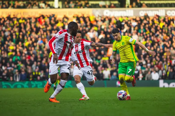 Norwich City 'den Borja Sainz, 22 Şubat 2025 tarihinde Norwich City ile Stoke City arasındaki maçta topu sahaya sürüyor.