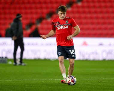 Middlesbrough 'dan Aidan Morris, 25 Şubat 2025' te Stoke City ile Middlesbrough arasındaki maç öncesinde oynanan maç öncesi ısınma maçında