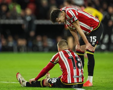 Sheffield United takımından Anel Ahmedhodi, Sheffield United 'ın 24 Şubat 2025' te Bramall Lane, Sheffield 'de oynanan Sky Bet Şampiyonası maçında sakatlanan Harry Clarke' ı kontrol ediyor.